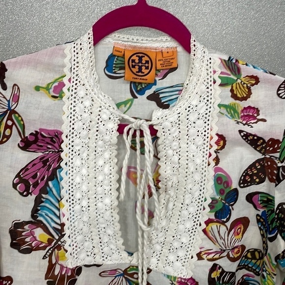 Tory Burch Women’s White Cotton Butterfly V-neck Long Sleeve Blouse - Picture 11 of 16